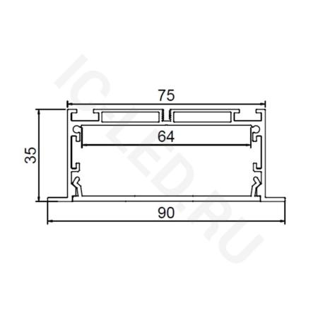 Алюминиевый профиль врезной CX-A047-R1 321 (2500x90/75x35мм с рассеивателем)