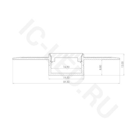 Алюминиевый профиль 3D встраиваемый в гипсокартон 629 (1500x59,5/19,5x12 мм с рассеивателем)