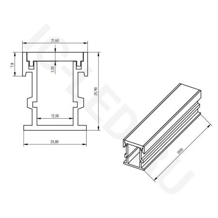 Алюминиевый профиль встраиваемый 782 (2000x21.6x25.8мм с ударопрочным рассеивателем)
